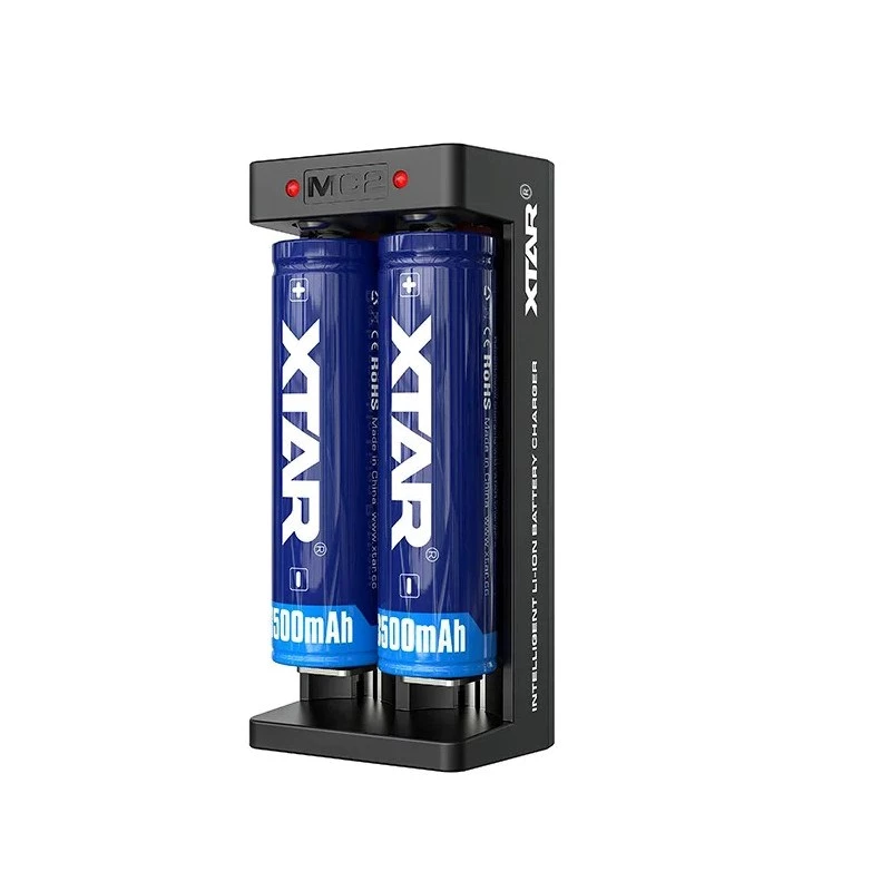 Cargador de baterías Li-Ion de doble ranura XTAR para celdas 18650, entrada USB-C, 2 ranuras, negro, indicadores LED