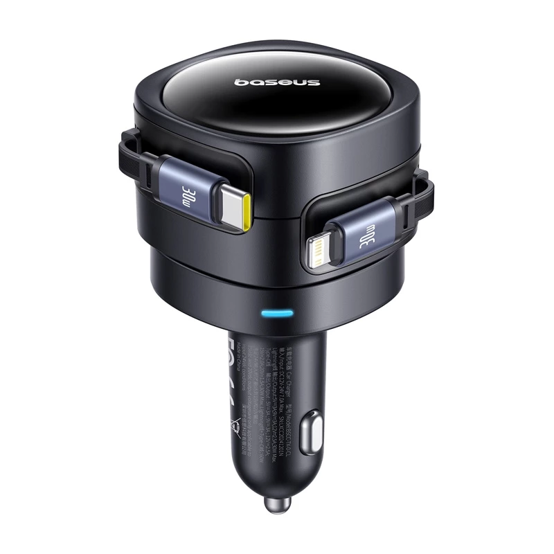 Cargador de coche Baseus Enjoyment Max 60W con cables USB-C y Lightning, carga rápida de doble puerto