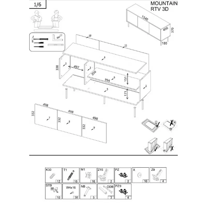 Mueble TV Cama Meble MOUNTAIN 154x40x55 cm – superficie de tablero de partículas, negro y dorado