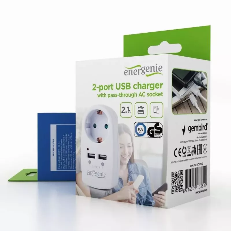 Cargador USB con toma de corriente pasante/EG-ACU2-02 Gembird