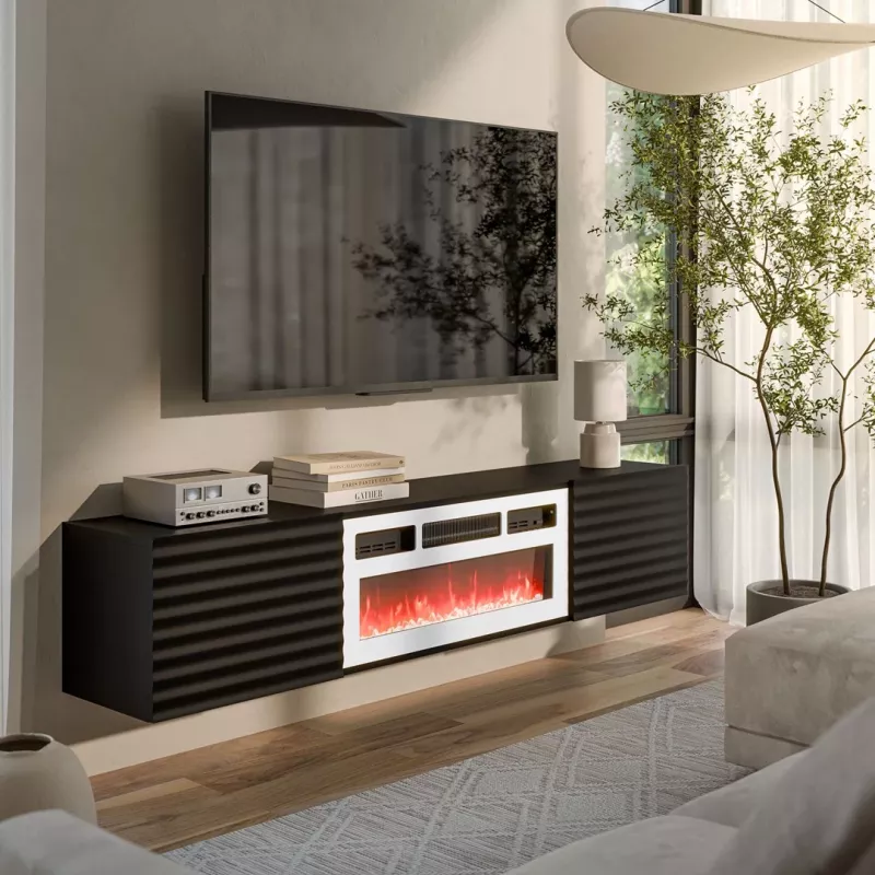 Mueble RTV Cama TULA 183x35x37 negro mate + chimenea blanca