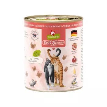 Comida húmeda para gatos Fox4Pets GRANATAPET DeliCATessen Pavo y gambas, sin cereales, 800 g, alimento completo para gatos adultos