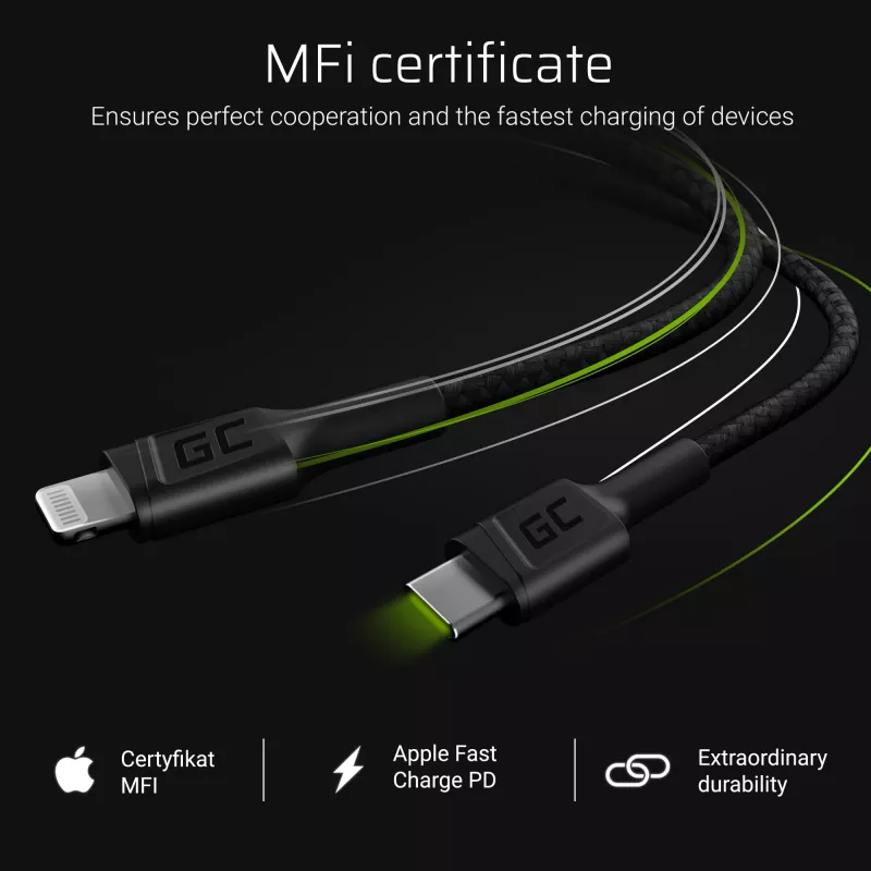 Green Cell PowerStream KABGC07 cable USB-C a Lightning, 1 m, PD, Apple MFi, negro