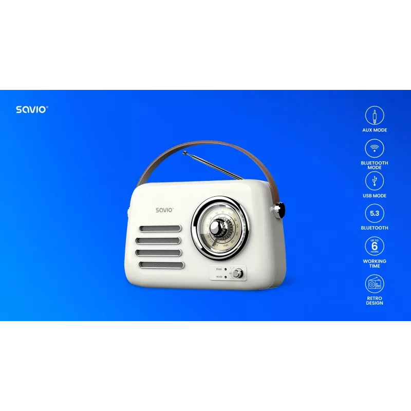 Radio portátil SAVIO RS-02 — sintonizador FM analógico, Bluetooth 5.3, alimentación por USB, 3 W, blanco