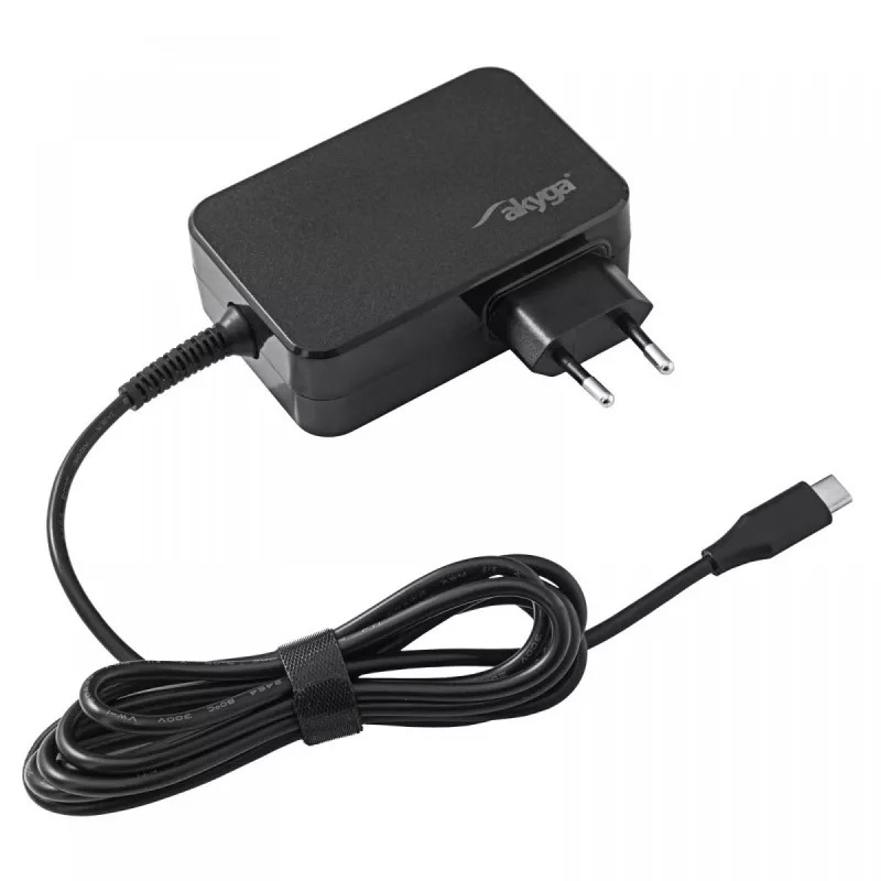 Fuente de alimentación para portátil USB-C GaN Akyga AK-ND-82 90 W, PD 3.0, 5–20 V, cable de 1,8 m, negro