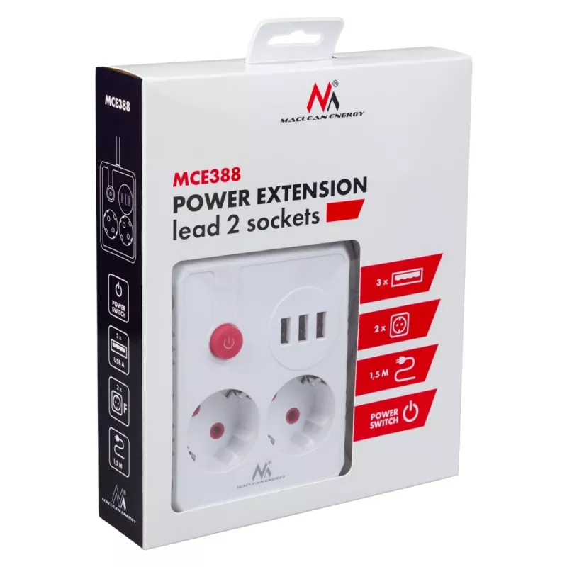 Regleta MACLEAN MCE387 W — 2 tomas de corriente, 3×USB A, 110–240 V, 2500 W, cable de 1,5 m, blanca