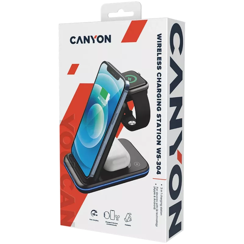 Cargador inalámbrico CANYON WS-304 15W 3en1 negro