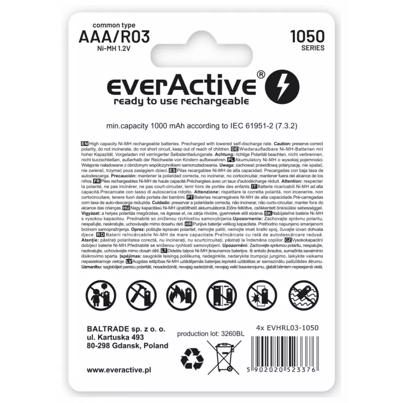 Pilas recargables AAA NiMH everActive EVHRL03-550 1,2 V 550 mAh pack de 4, cilíndricas R03
