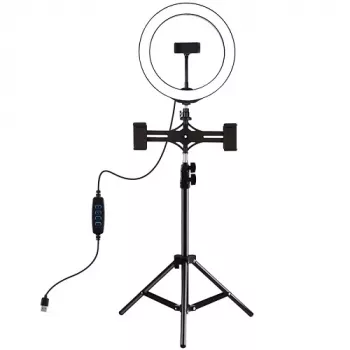 Anillo de luz LED 26 cm con trípode hasta 1,1 m y 3 soportes para móvil, USB