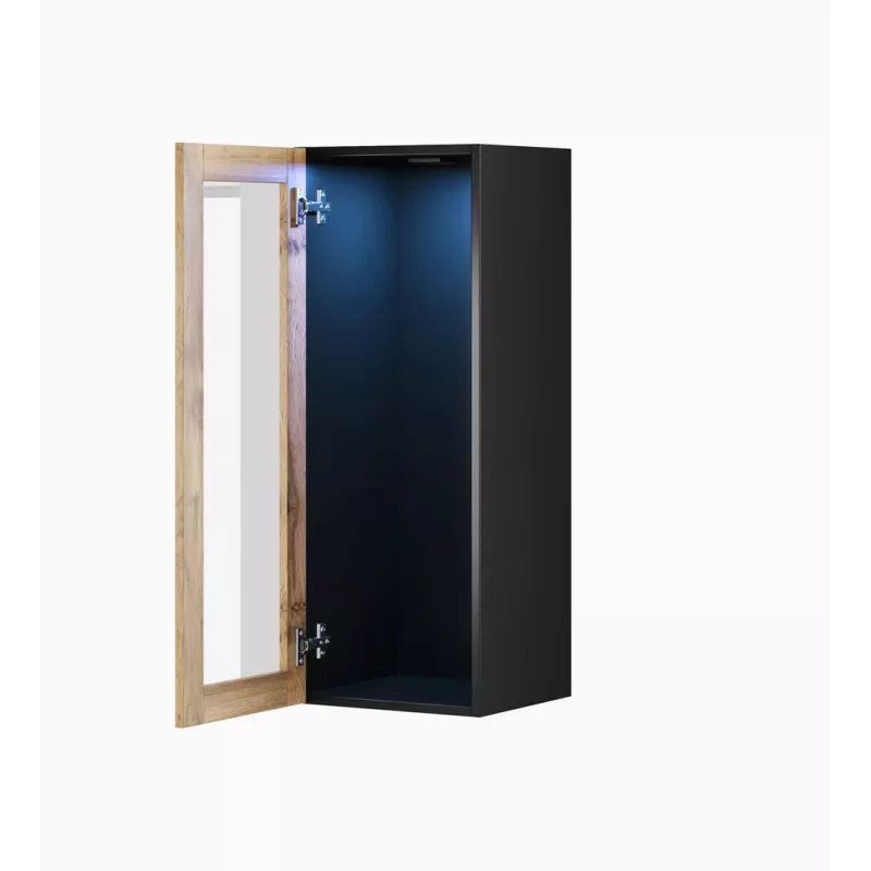 Vitrina Cama Meble VIGO 90 cristal, de pared, 90×35×32 cm, negro/roble wotan