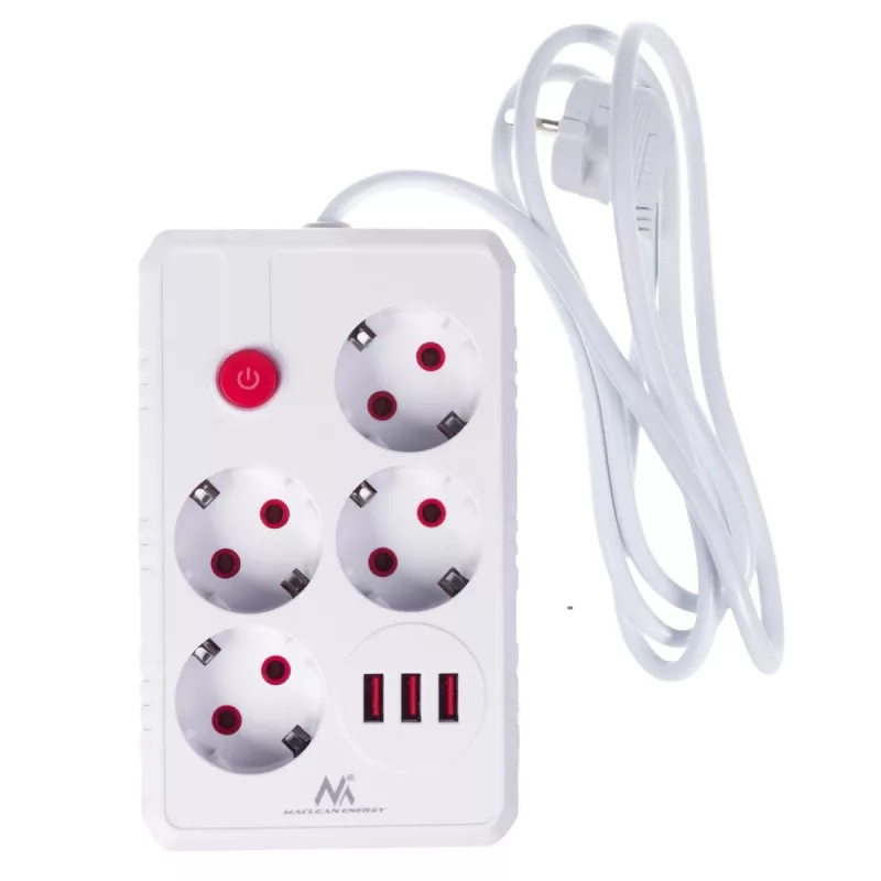 Regleta MACLEAN MCE392 W — 4 tomas de corriente F, 3×USB A, 110–240 V, 2,1 A máx., 2500 W, cable de 1,5 m, blanca