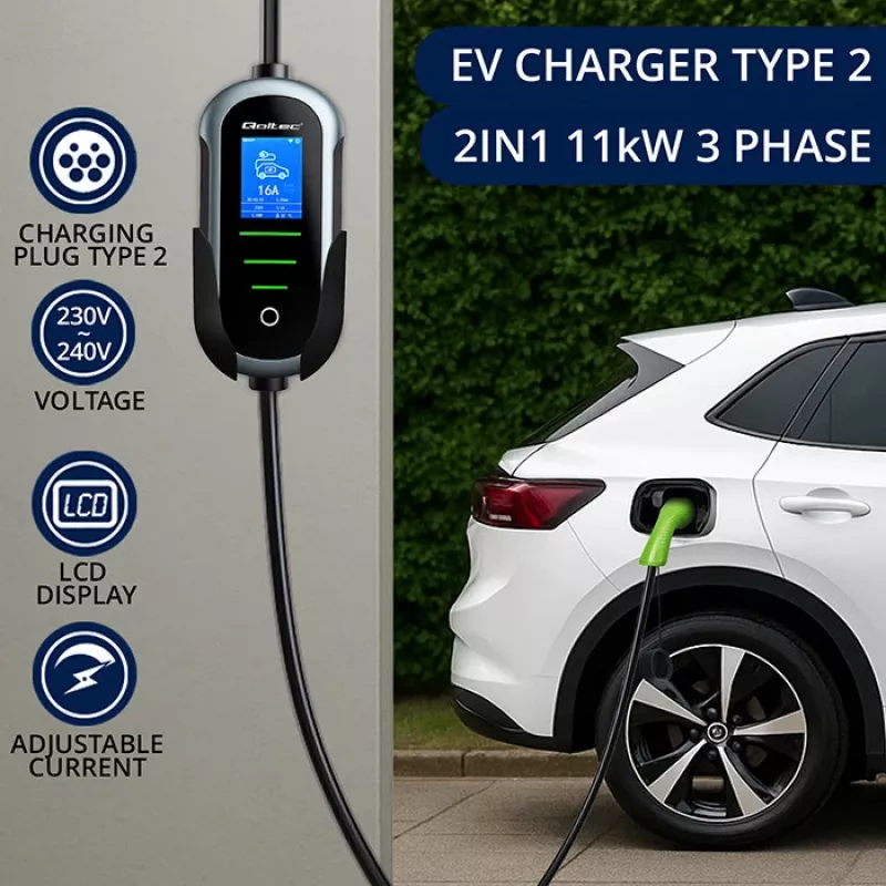 Cargador para coche eléctrico QOLTEC Mobile EV 2en1 Type2 11 kW 400 V Wi‑Fi TUYA SMART LIFE LCD wallbox portátil cable 5 m