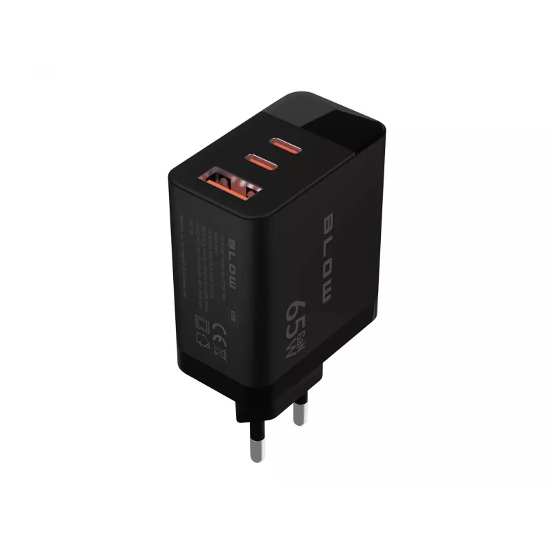 Cargador de pared LCD toma USB + USB-Cx2 PD 65W GAN negro vatímetro