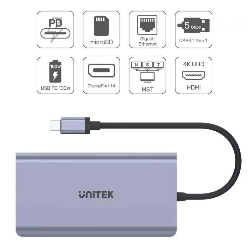 Hub UNITEK uHUB S7 USB 3.2 Gen 1 Type-C gris