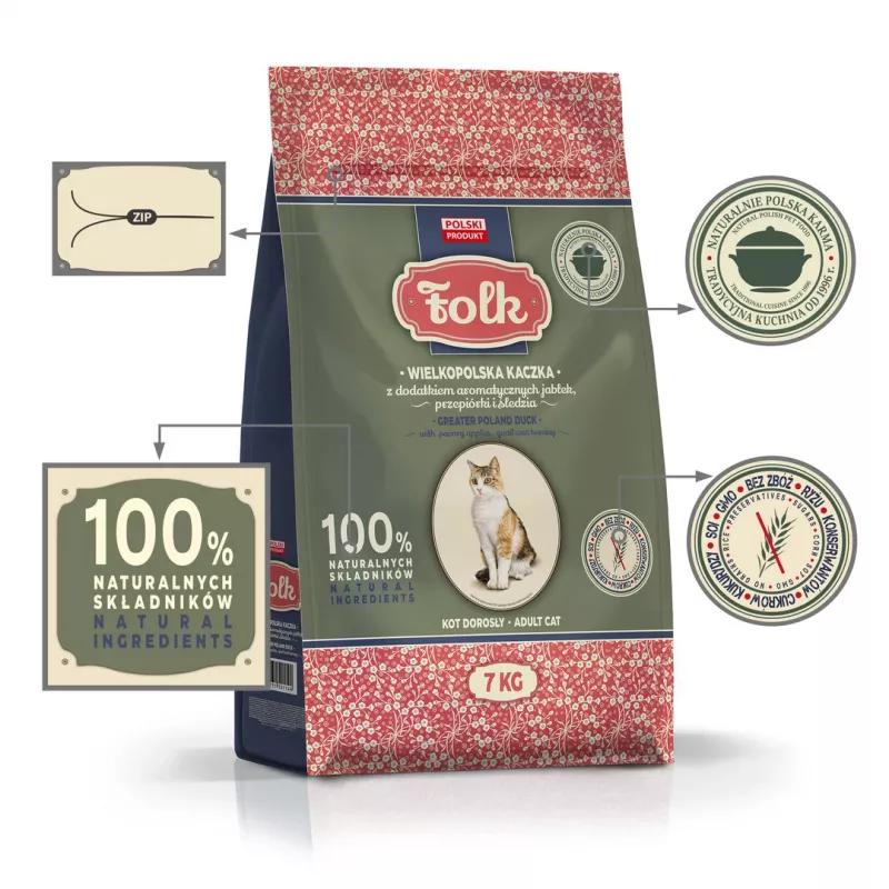 FOLK Pato de Gran Polonia con manzanas, codorniz y arenque - Comida seca para gatos - 7kg