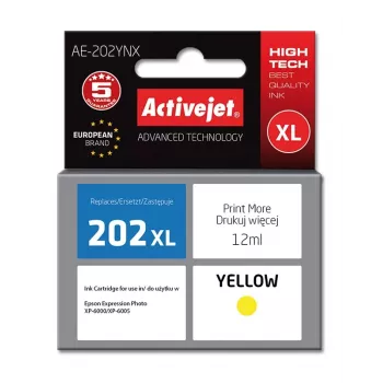 Cartucho de tinta ActiveJet AE-202YNX amarillo, compatible con Epson 202XL, 12 ml tinta de colorante, alto rendimiento (XL), pack individual