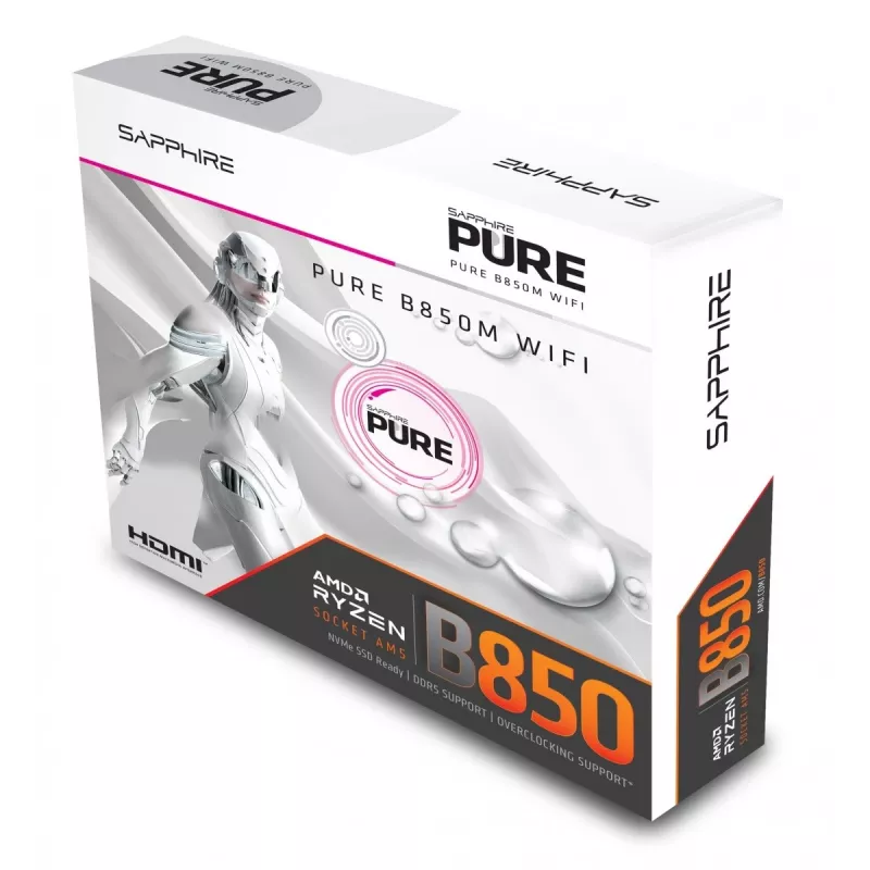 Placa base Sapphire PURE B850M WIFI Micro ATX — AMD B850, socket AM5, DDR5 hasta 8000 MHz, 4 DIMM, Wi‑Fi 6, 2,5 Gb LAN, 2× M.2, PCIe 5.0 x16