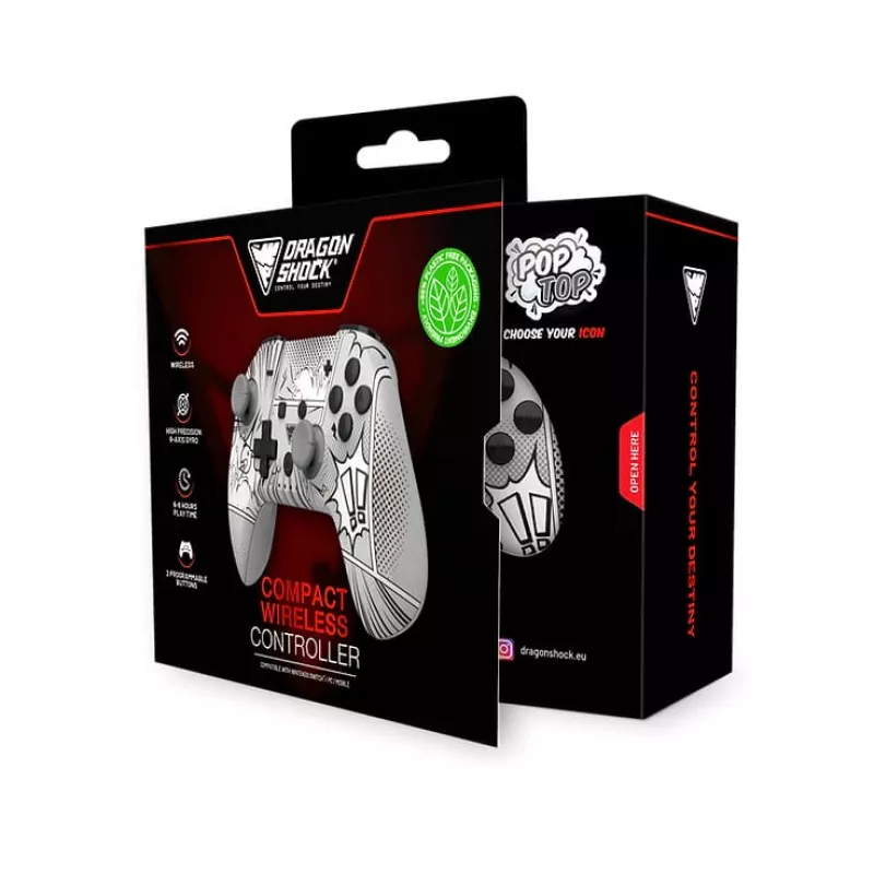 DragonShock PopTop Compact, mando, Nintendo Switch, botón Atrás, D-Pad, botón Home, botón Reset, inalámbrico, Bluetooth, USB Type-C