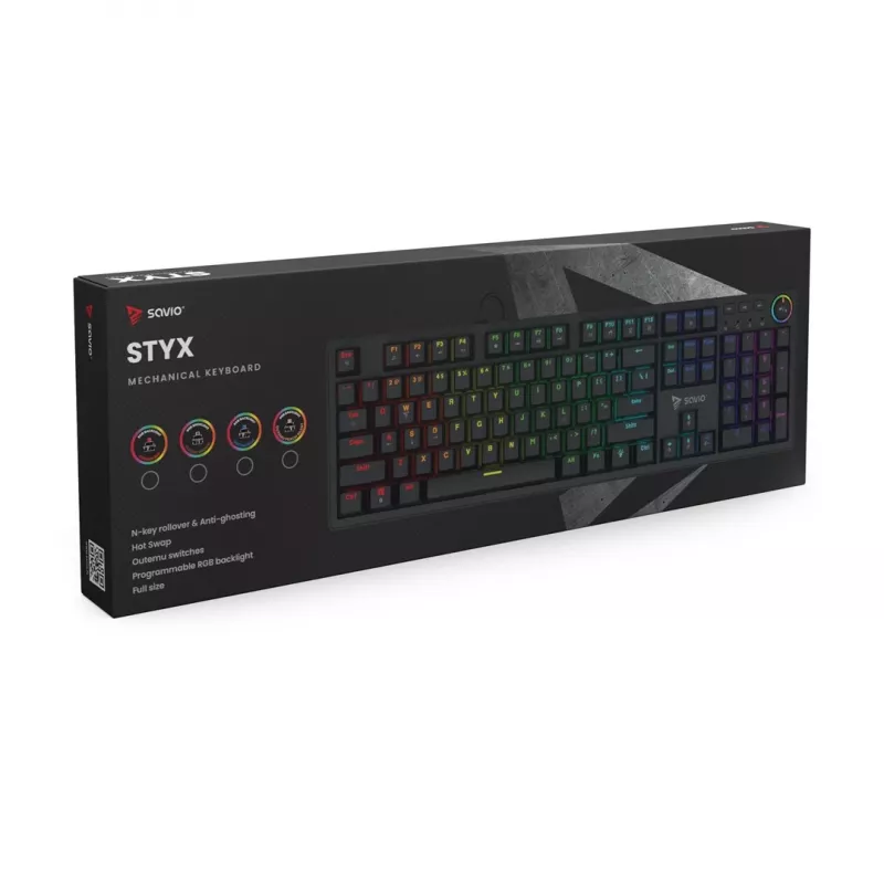 SAVIO STYX Brown teclado mecánico gaming, Outemu Brown, Hot-Swap, RGB, distribución US, tamaño completo, USB, negro