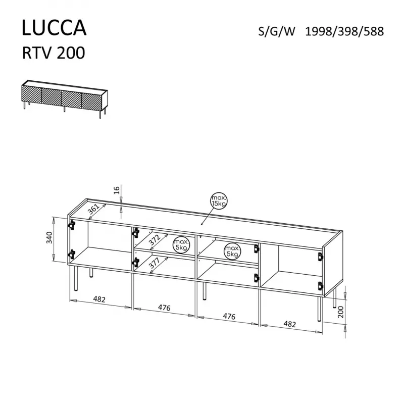 Mueble TV cama meble LUCCA 4D, 2000×400×590 mm, blanco, tablero de aglomerado