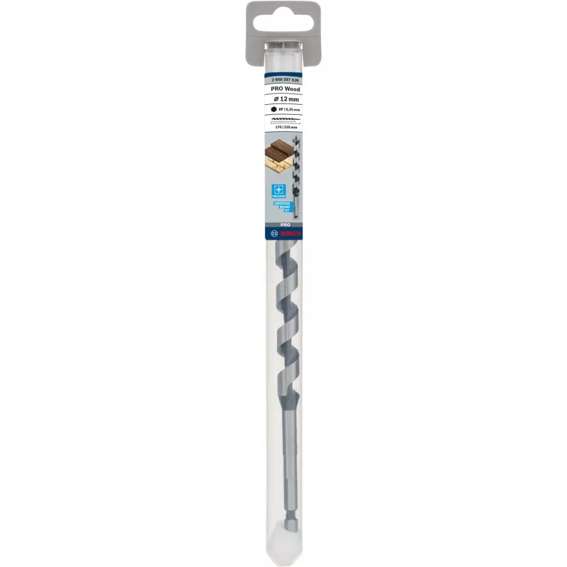 Bosch PRO Wood 2608597626 broca helicoidal para madera, 12 mm, longitud total 235 mm, longitud útil 170 mm, vástago hexagonal de 1/4 de pulgada, 1 ud.