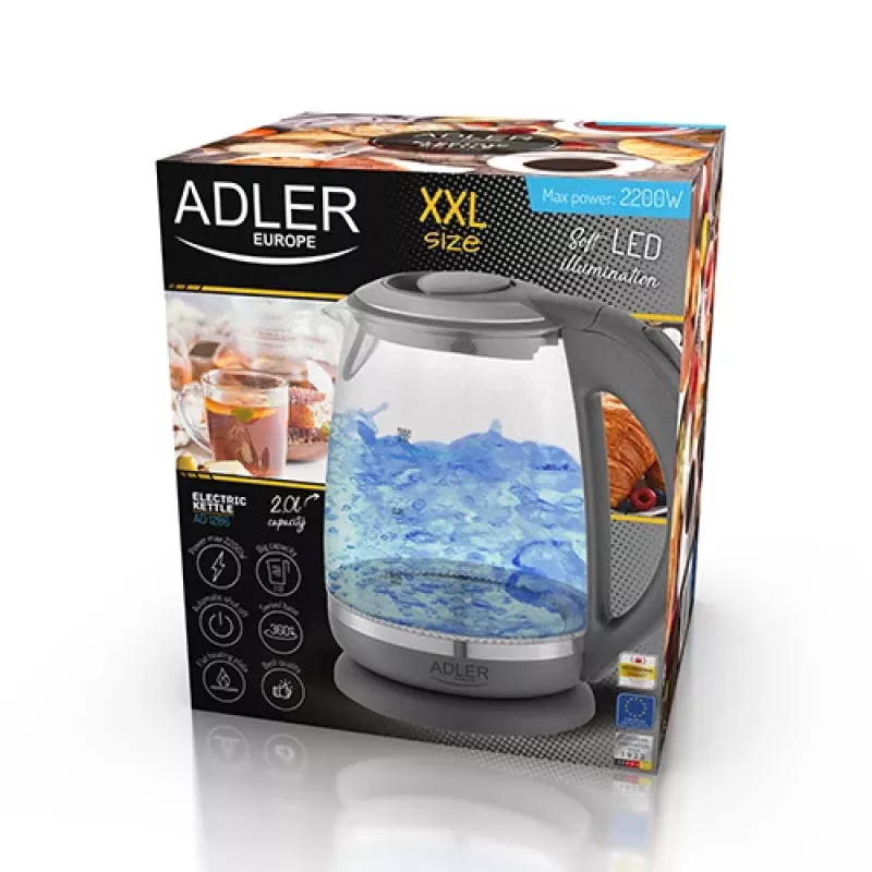 Adler | Hervidor | AD 1286 | Estándar | 2200 W | 2 L | Plástico/Cristal | Base giratoria 360° | Gris/Transparente