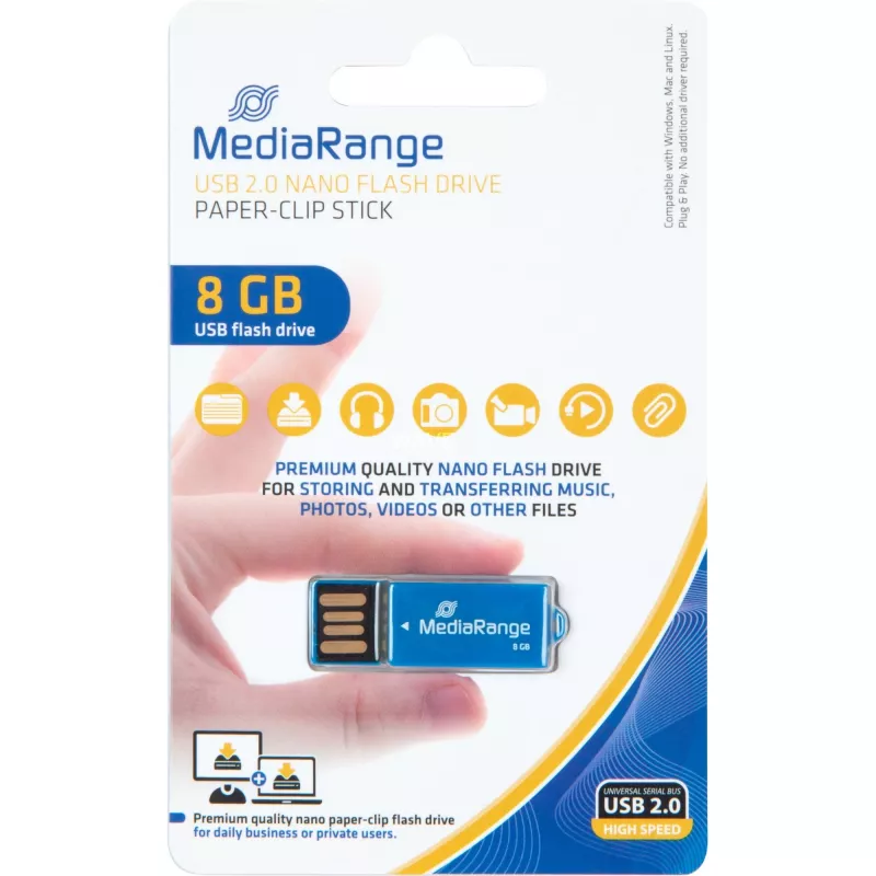 USB Nano 8 GB, Memoria USB azul, USB-A 2.0, con función de clip