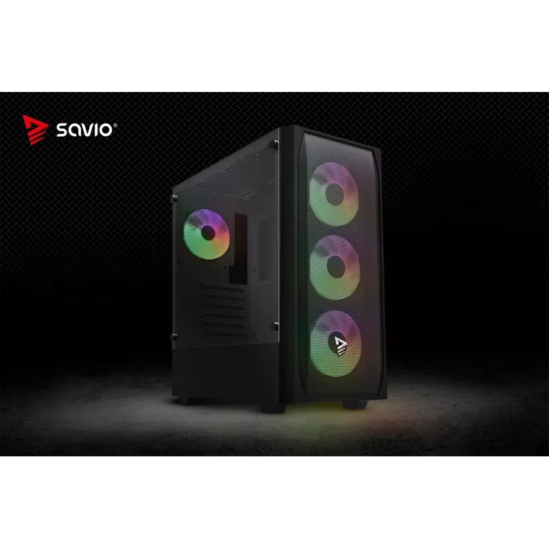 Caja de PC SAVIO Noctis Flow RGB — Cube, ATX/Mini-ITX, 3 ventiladores frontales de 120 mm, ventana lateral de cristal templado, GPU máx. 35 cm