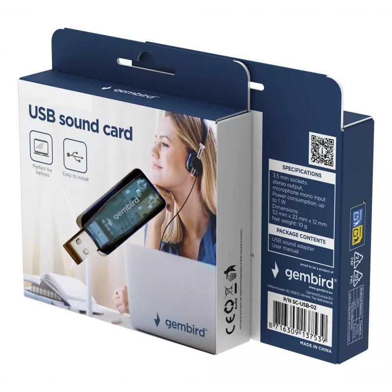 Tarjeta de sonido externa USB Gembird Virtus2 — interfaz USB, auriculares de 3,5 mm, azul transparente