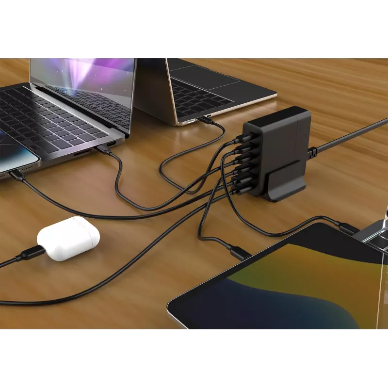 GEMBIRD Cargador para dispositivos móviles TA-UC-2A4C-PD75-01-BK — 75 W, 4× USB-C + 2× USB-A, PD y QC3.0, 6 dispositivos a la vez, cable de 1,5 m, negro