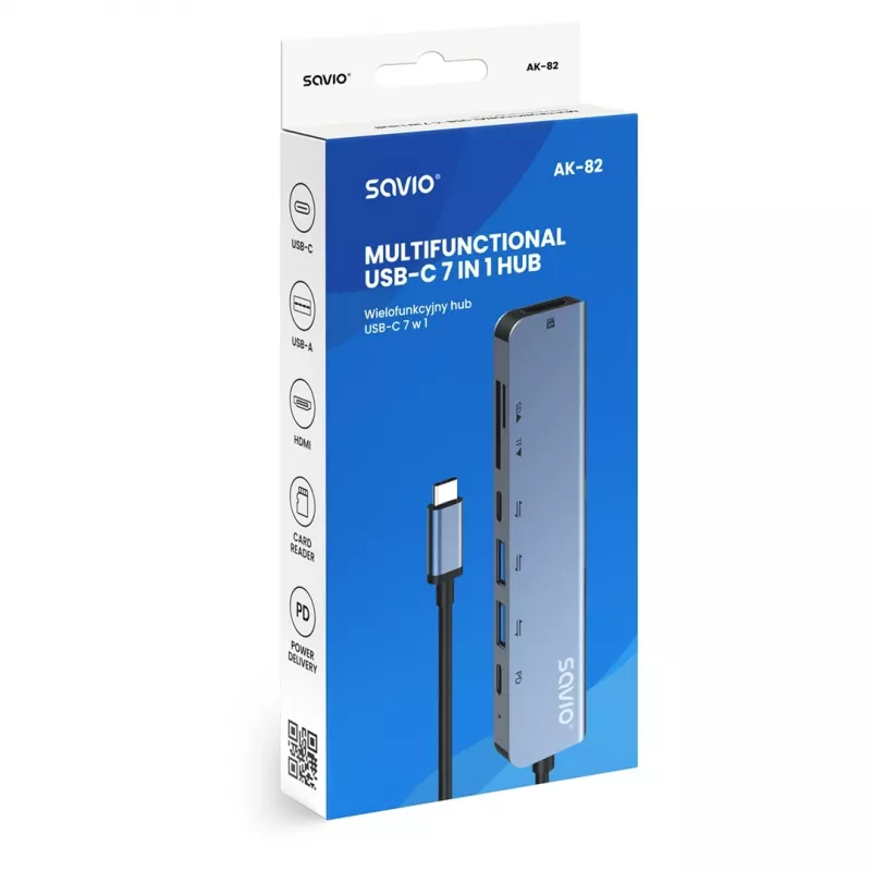 Hub USB Type-C SAVIO AK-82 con HDMI, MicroSD, USB 3.2 Gen1, PD pass-through, 4K@30Hz, 5000 Mbit/s, negro