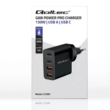 Qoltec Cargador GaN POWER PRO | 2xUSB-C | 2xUSB | 130W | 5-20V | 1.5-5A | XP | negro
