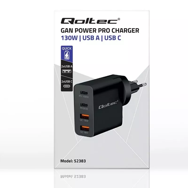 Qoltec Cargador GaN POWER PRO | 2xUSB-C | 2xUSB | 130W | 5-20V | 1.5-5A | XP | negro