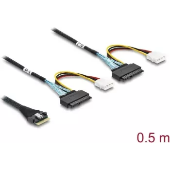 Cable DELOCK PCIe 4.0 Slim SAS SFF-8654 8i a 2× conectores hembra U.2 SFF-8639 con conector de alimentación 0,5 m