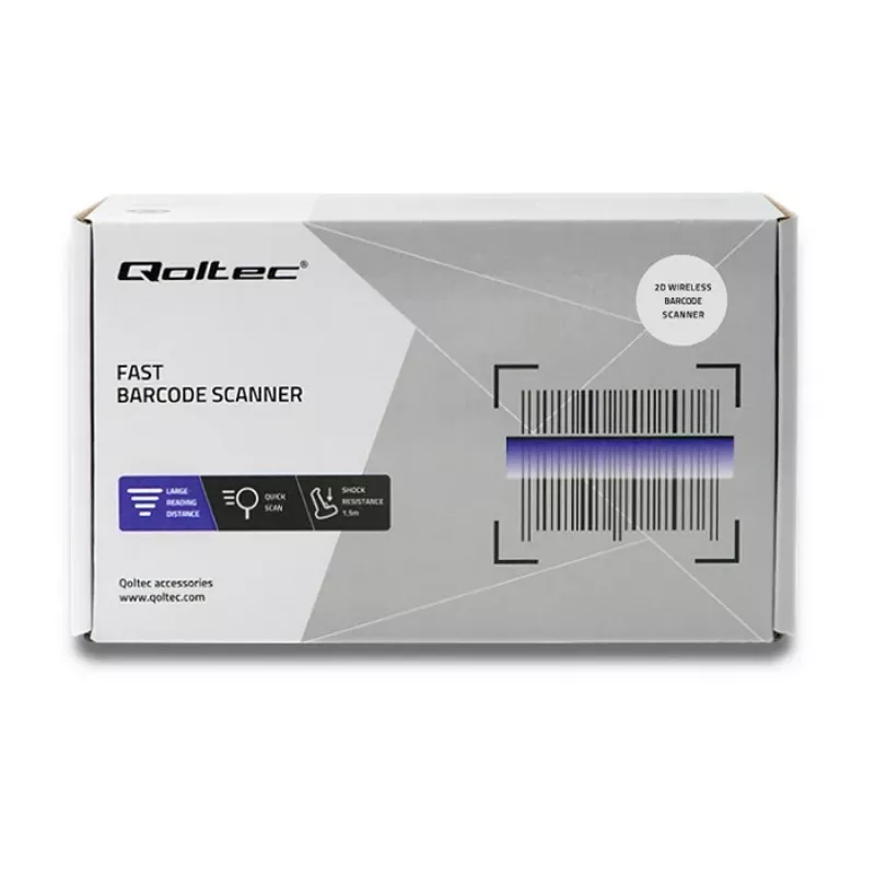Lector de códigos de barras de mano QOLTEC 50868 — escáner láser 1D/2D, USB con cable e inalámbrico, distancia de trabajo 600 mm, negro