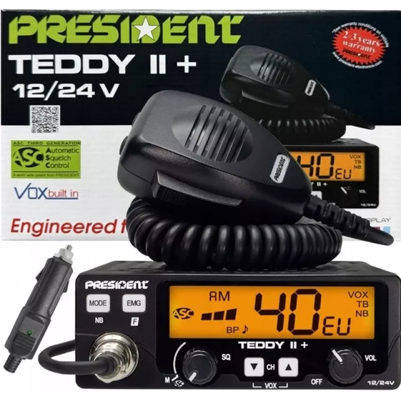 Emisora de CB President Teddy II+ — 40 canales, 4 W de potencia de transmisión, 12/24 V, filtro de interferencias, 125×125×45 mm