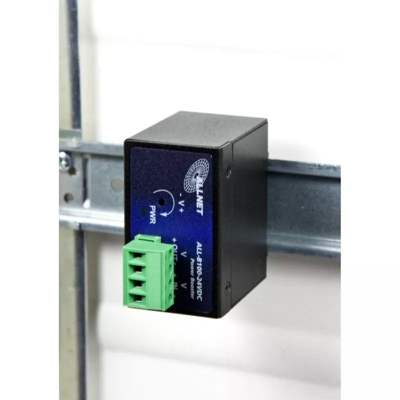 Power Booster DC-DC ALLNET ALL-B100-24VDC: entrada 24VDC a salida 48–55VDC, hasta 95W