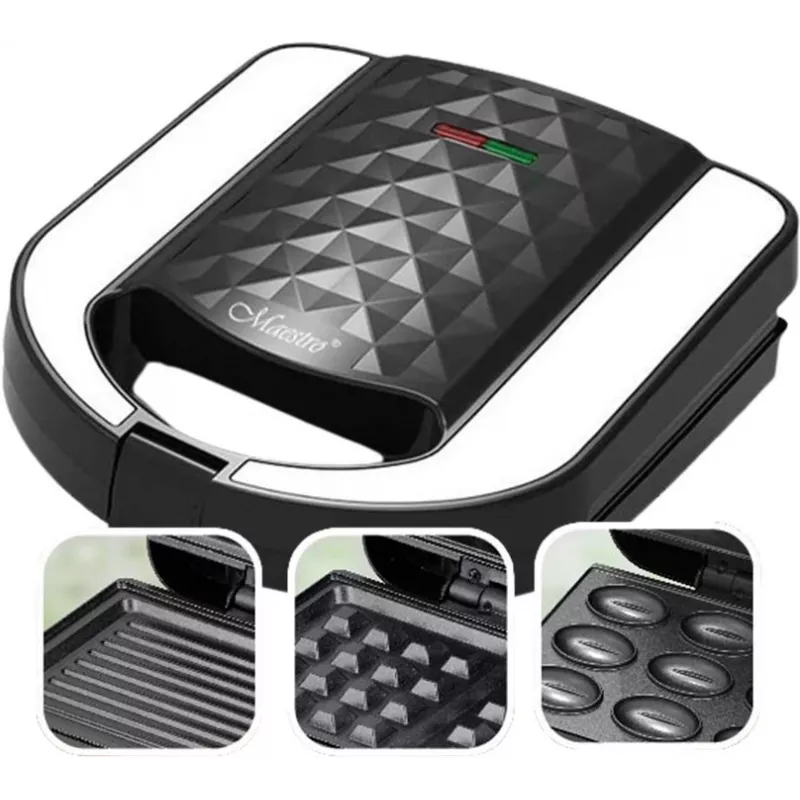 Tostadora sandwichera Maestro MR-709 3en1 750W — prensa para sándwiches, placas de parrilla y gofres, blanca