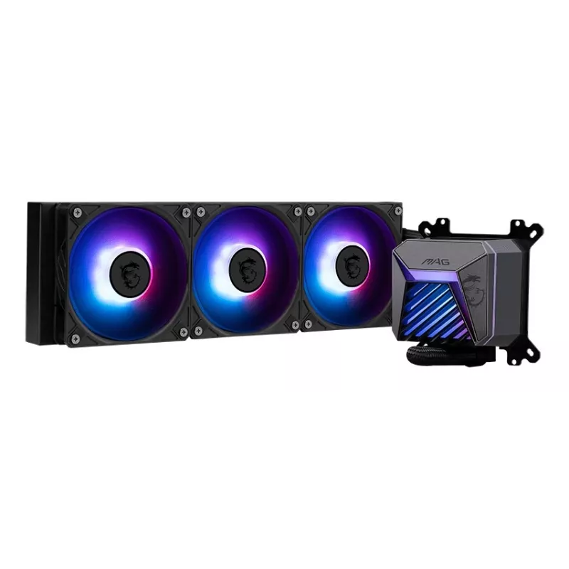 Refrigeración líquida todo en uno MSI MAG Coreliquid A15 360 — 3 ventiladores de 120 mm, radiador 394 x 120 x 27 mm, bomba 5V, RGB, compatible con LGA 1851