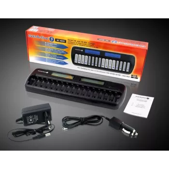Cargador de baterías everActive NC-1600 — cargador universal DC para Li-Ion, compatible con 16 celdas, tamaños compatibles AA/AAA/C, negro, AC 100–240V 50–60Hz