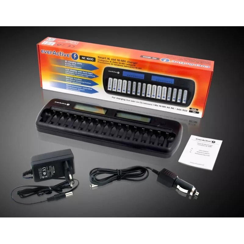 Cargador de baterías everActive NC-1600 — cargador universal DC para Li-Ion, compatible con 16 celdas, tamaños compatibles AA/AAA/C, negro, AC 100–240V 50–60Hz