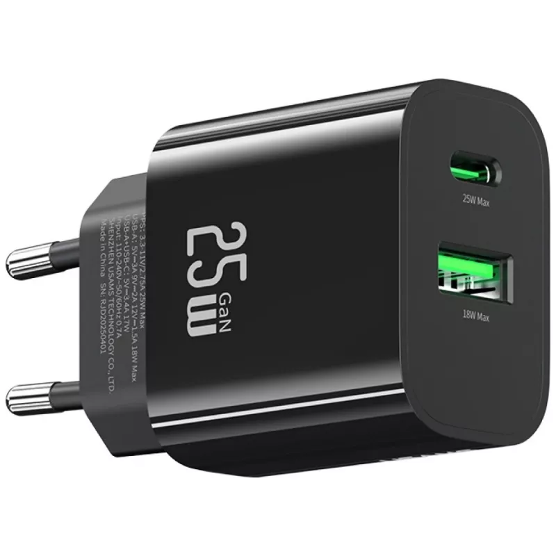 Cargador USB usams USA001629 25W 1×USB-C + 1×USB-A carga rápida