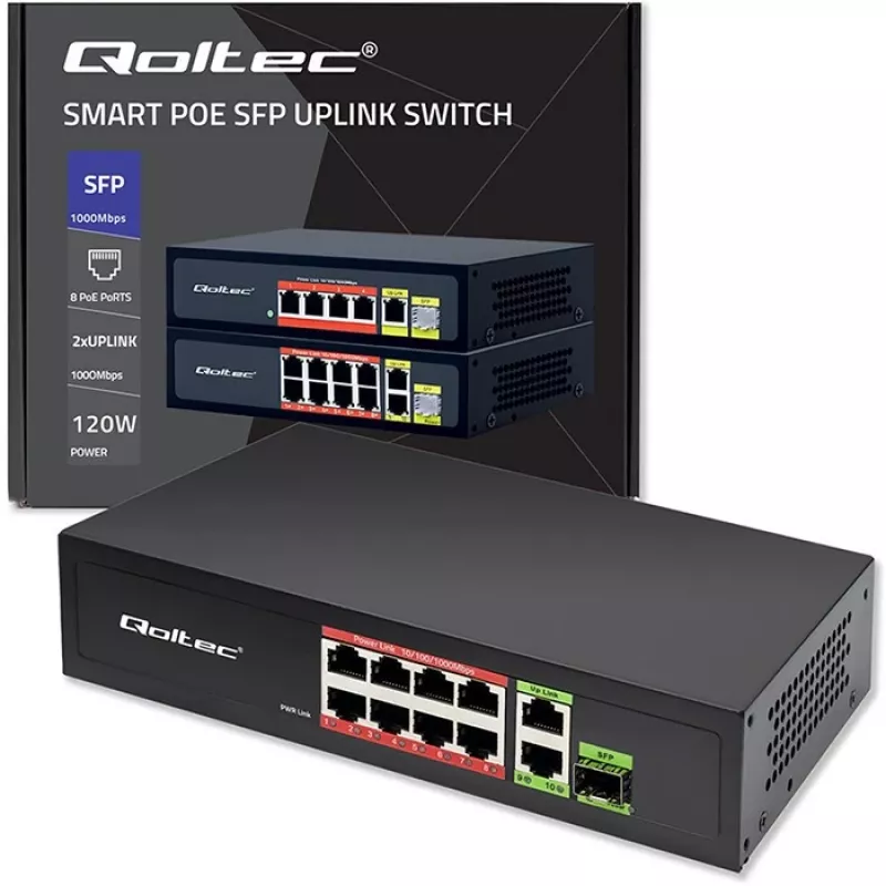 Switch Ethernet QOLTEC 52297 PoE RJ45 con uplink PoE y puerto SFP