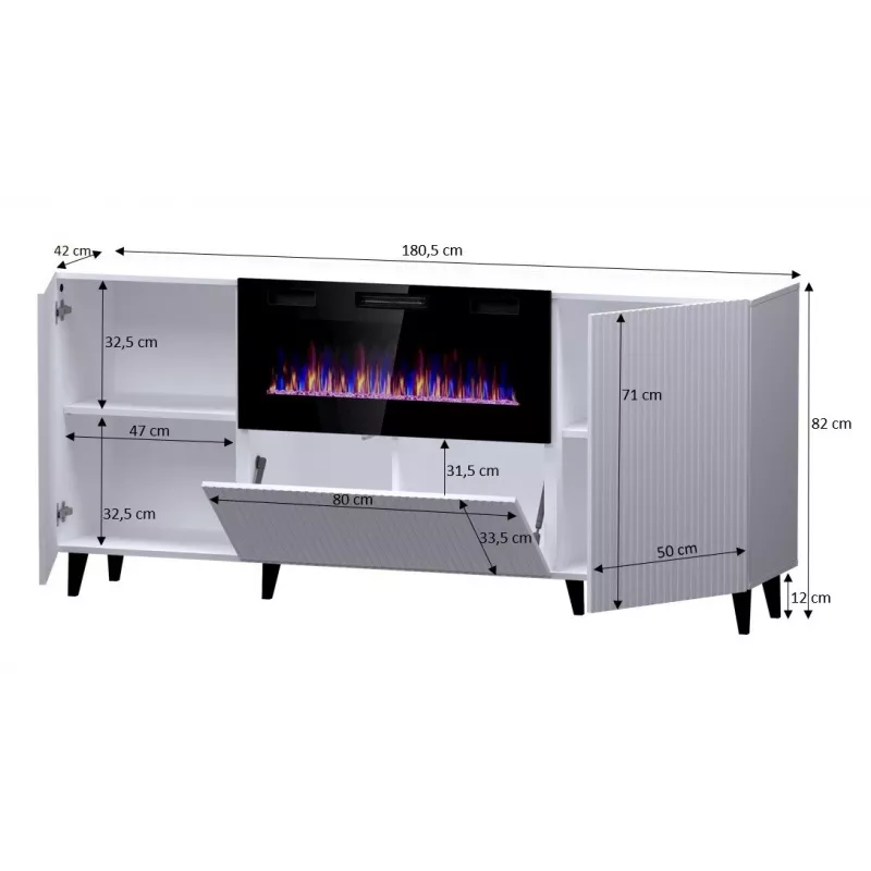 Cómoda con chimenea eléctrica Cama Meble PAFOS, 180 x 42 x 82 cm, blanco mate, 1400–1600 W, sin tiradores, 3 puertas, 2 estantes