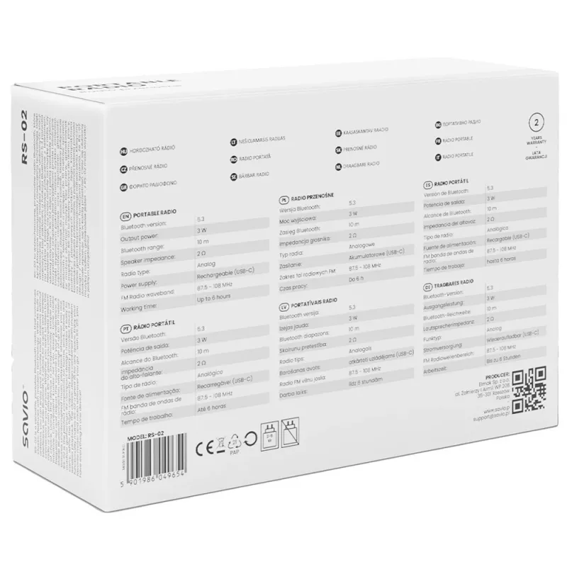 Radio portátil SAVIO RS-02 — sintonizador FM analógico, Bluetooth 5.3, alimentación por USB, 3 W, blanco