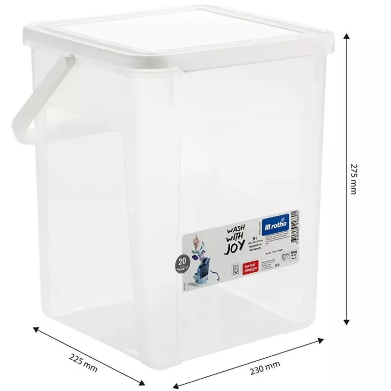 Dosificador de detergente de plástico Rotho Basic 9 L modelo 1770101100RP, blanco, tapa, orificio para colgar