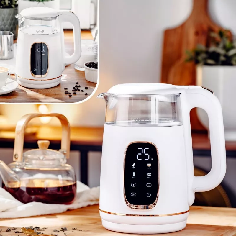 Hervidor de agua Adler AD 1305WG — 1,7 l, 2200 W, vidrio/plástico, blanco/dorado/transparente
