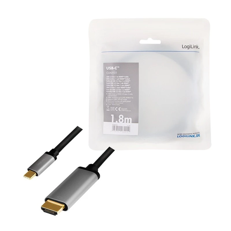 LogiLink CUA0101 Cable USB 3.2 Gen1 Type-C a HDMI-A 1,8 m Negro Gris