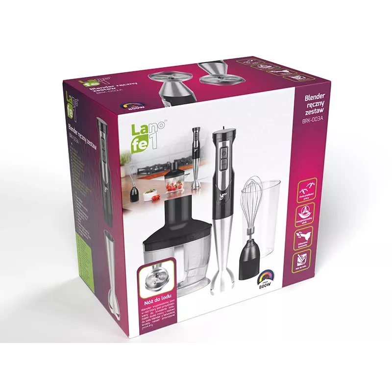 LAFE BlendMix BRK-003A set de batidora de mano, 800 W, 2 velocidades, turbo, cuchilla de acero inoxidable, vaso de 0,6 l, negro/plateado