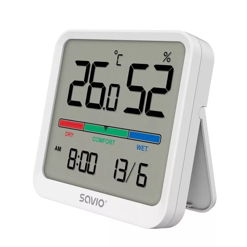 Sensor de temperatura y humedad interior SAVIO CT-01/W, pantalla LCD, -10–55 °C, 10–99 % HR, pila CR2032
